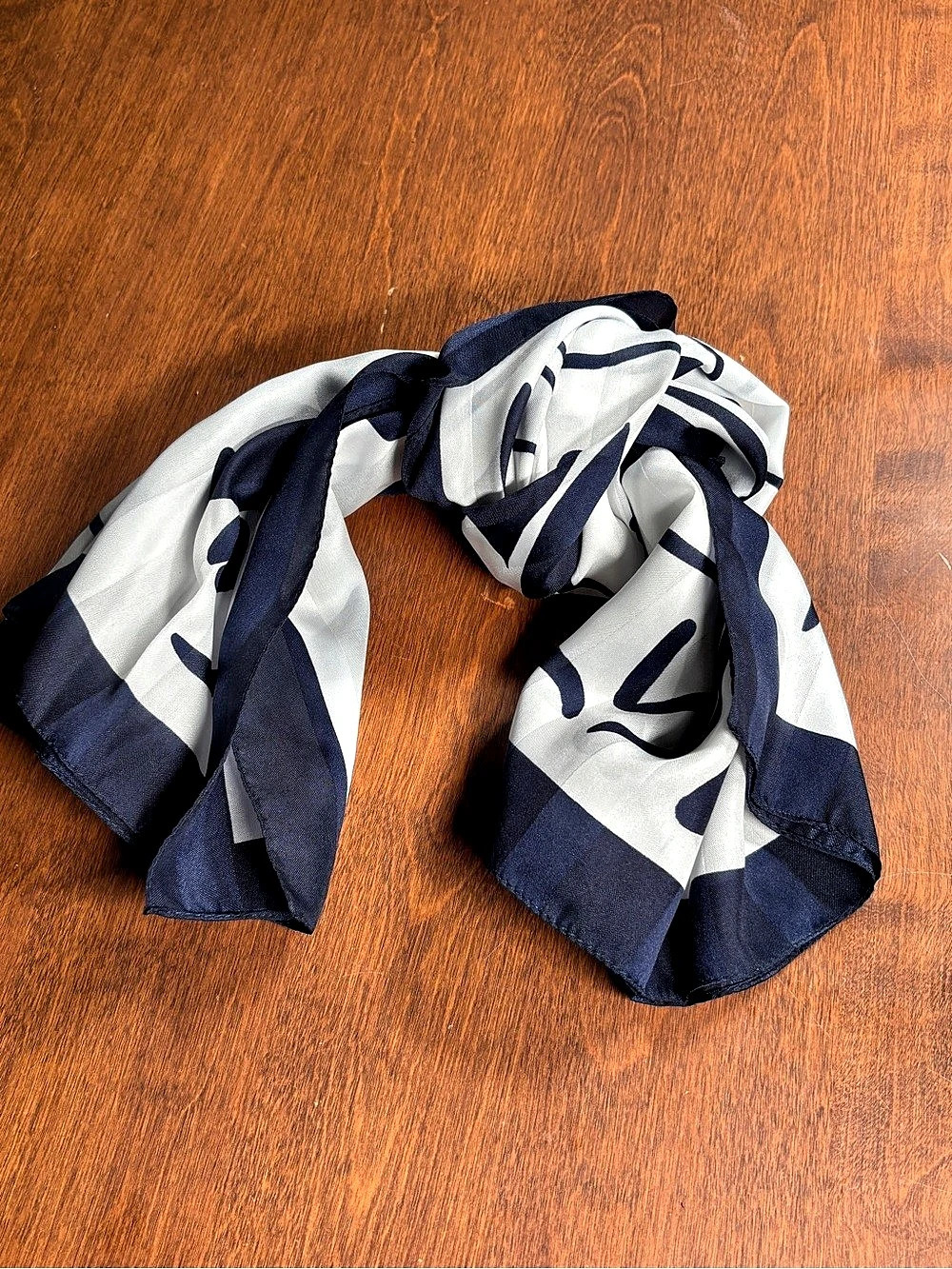 Vintage Style Navy & White Abstract Botanical Satin Scarf